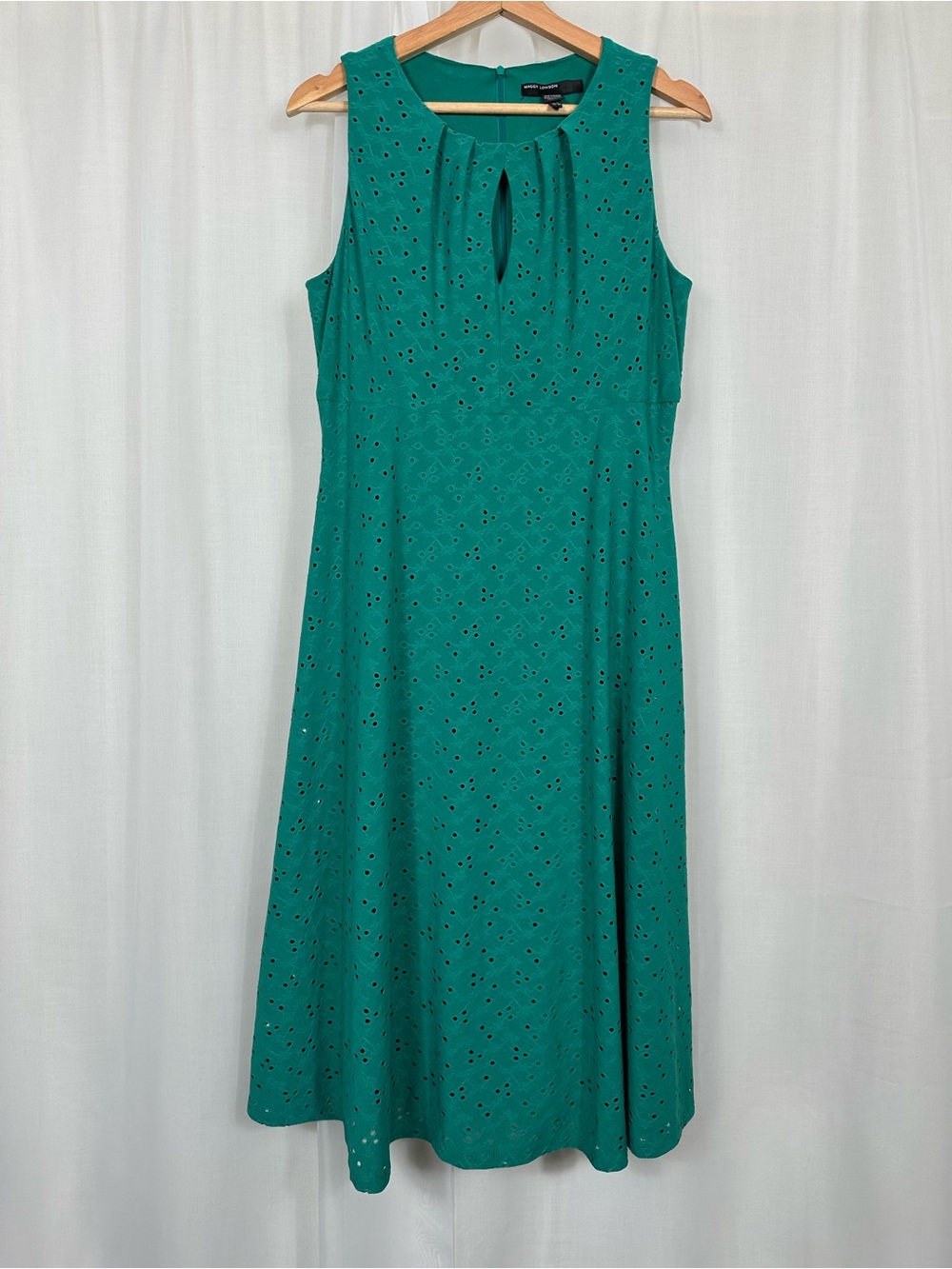 Maggy London Eyelet Keyhole Jersey Midi Dress Size 8 Green Fit Flare Chic Empire